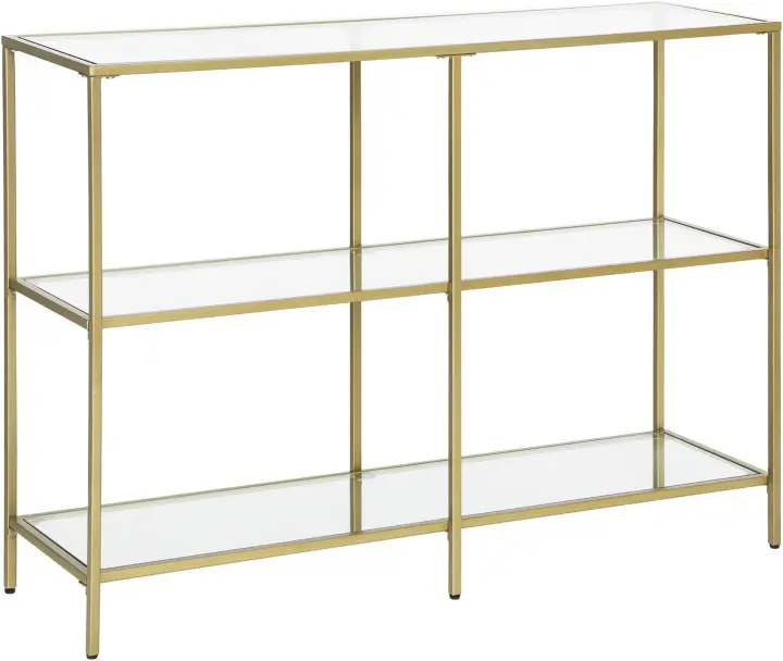 Tavolo Consolle Ingresso, Scaffale a 3 Ripiani in Vetro Temperato, 30 x 100 x 73 cm, Struttura Metallo, Moderno, Corridoio Soggiorno Camera da Letto, Oro Metallico e Trasparente LGT27G - 1