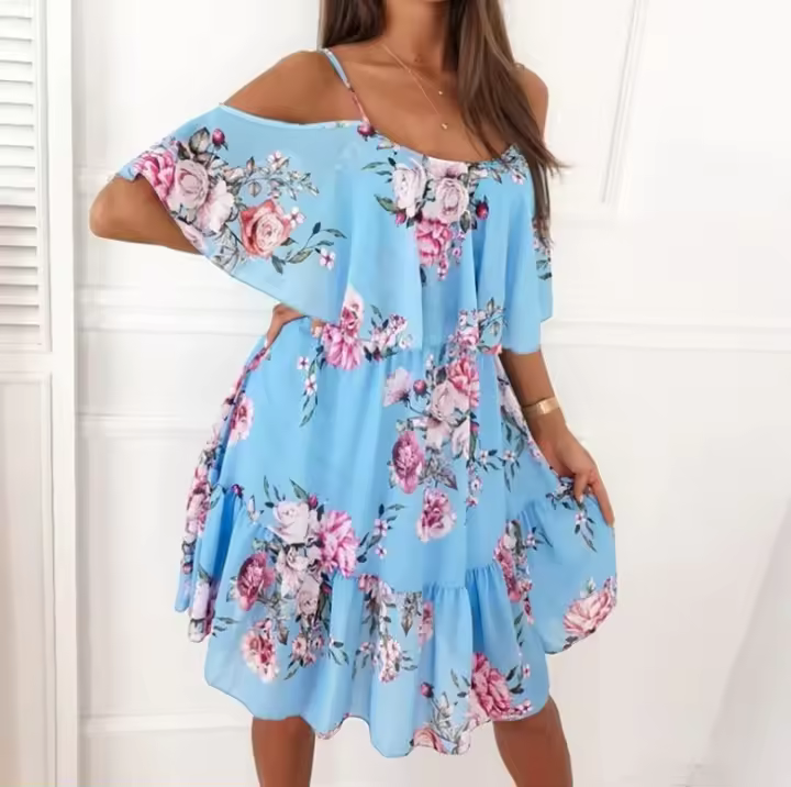 Falda camisola delgada y con volantes para mujer, minifalda de manga corta con hombros descubiertos para playa - 1