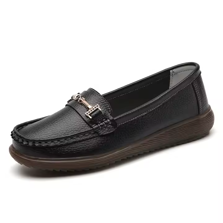 Mocasines planos de cuero para mujer, zapatos sin cordones con hebilla de Dios, color negro - 1