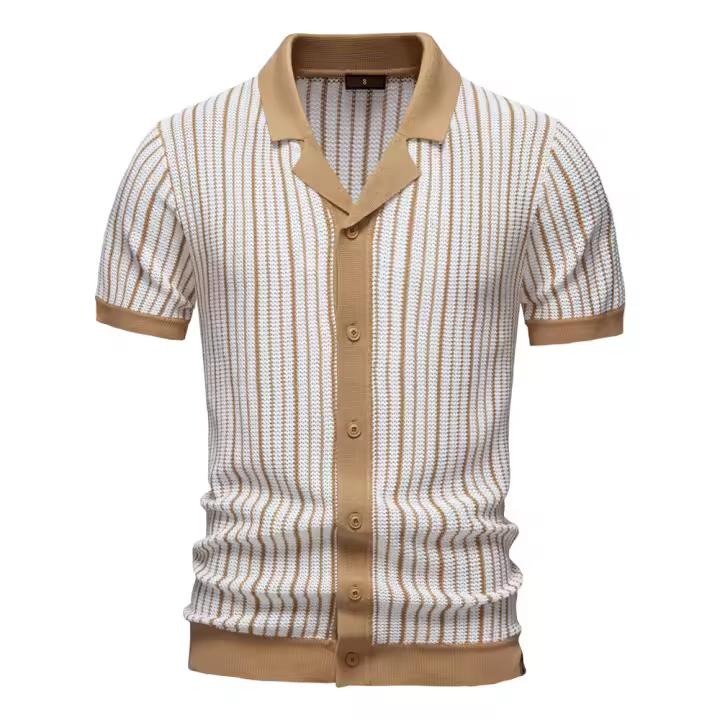 Camisa Polo para Hombre con Patrón Rayado y Panel de Contraste de Malla Transpirable, Cuello en V Corto, Estilo Casual de Verano - 1