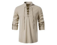 Camisas de lino y algodón para hombre con cuello mandarín, manga larga, estilo cómodo para otoño-primavera - details 1