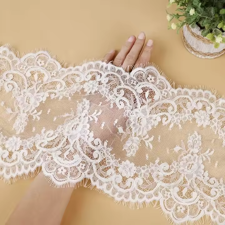 Encaje Alencon Francés 3Yards para Vestidos de Boda y Shugs Bordado Floral Telo de Poliéster Ancho de 22cm - 1
