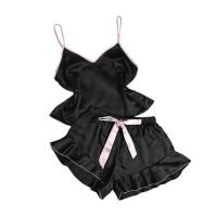 Pijama de satén liso para mujer, camiseta con cuello en V, pantalones cortos con lazo con volantes, conjunto de pijama sencillo y transpirable - details 6