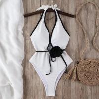 Traje de baño de una pieza liso con flores en 3D, traje de baño negro/blanco para mujer, traje de baño sexy con cuello en V profundo, traje de baño sin espalda para mujer - details 4