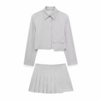 OUWU- Conjunto De 2 Piezas A La Moda Para Mujer, Camisas Grises Con Cuello De Solapa Y Pantalones Cortos Con Cremallera Lateral Vintage, Conjunto De Pantalones Cortos Elegantes Para Mujer - details 2