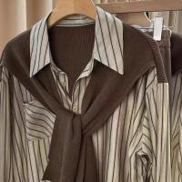 Camisa de mujer de dos piezas falsa estilo Maillard de otoño, chal tejido marrón, camisa con Raya Vertical en la espalda, blusa, camisa de mujer de estilo francés - details 9