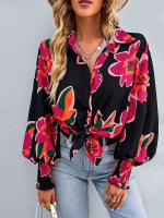 Camisa informal con estampado Vintage para mujer, blusa Retro para mujer, Top de manga larga con solapa y botonadura única, primavera y verano - details 4