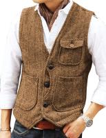 Chaleco informal para hombre, chaleco formal de tweed en espiga marrón con cuello en V, chaleco de lana, chaleco de negocios para padrino de boda y graduación - details 4