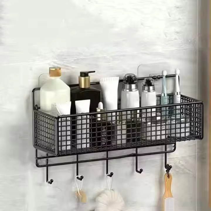 Estante de almacenamiento para el baño de hierro, estante Rectangular para champú sin perforar, organizador de artículos de tocador de gran capacidad montado en la pared, cocina - 1