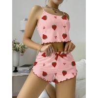 Nuevo conjunto de ropa de dormir con estampado de fresa, pijama acanalado para mujer con corazones y lazo, conjunto de salón suave y cómodo con pantalones cortos, bonito regalo de verano - details 1