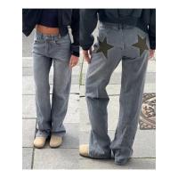 Pantalones vaqueros vintage Y2K para mujer con estampado de estrellas estéticas, pantalones largos de mezclilla de pierna recta sueltos, pantalones casuales de cintura baja - details 3