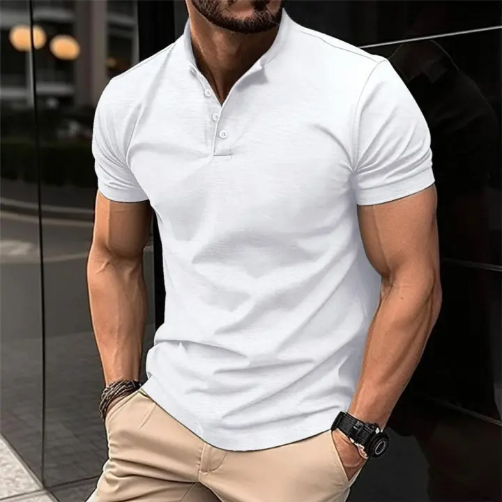 Camiseta casual grande Henry de manga corta con solapa para hombre, beige, rojo, verde, 2XL - 1