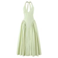 Vestido halter verde sin espalda para mujer, cintura baja, A-e Midi, vestidos de fiesta de noche de verano, bata de algodón - details 1