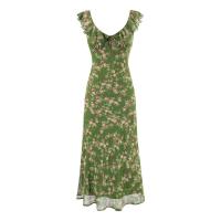 Estilo europeo y americano verano volantes hoja borde cuello en v chaleco vestido cintura correas finas floral vestido largo estilo de vacaciones - details 1