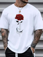 1 camiseta informal con cuello redondo para hombre, 100% algodón, transpirable y liviana, manga corta, diseño estampado de rosa y media luna - details 0
