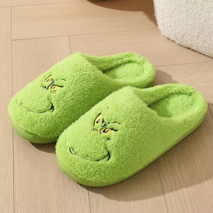 Nuevas y lindas pantuflas navideñas de Grinch para el hogar, cálidas, con plataforma, suela suave, gruesas y antideslizantes - 1