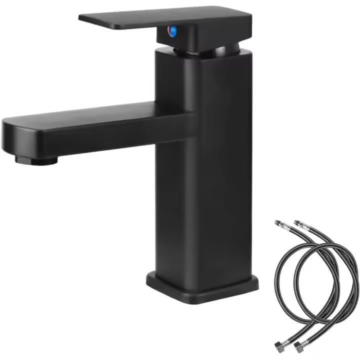 Grifos Monomando para Lavabos de Baño, Grifo Bañera Alto Cascada Negro, Agua Fría y Caliente con Dos Mangueras - 1