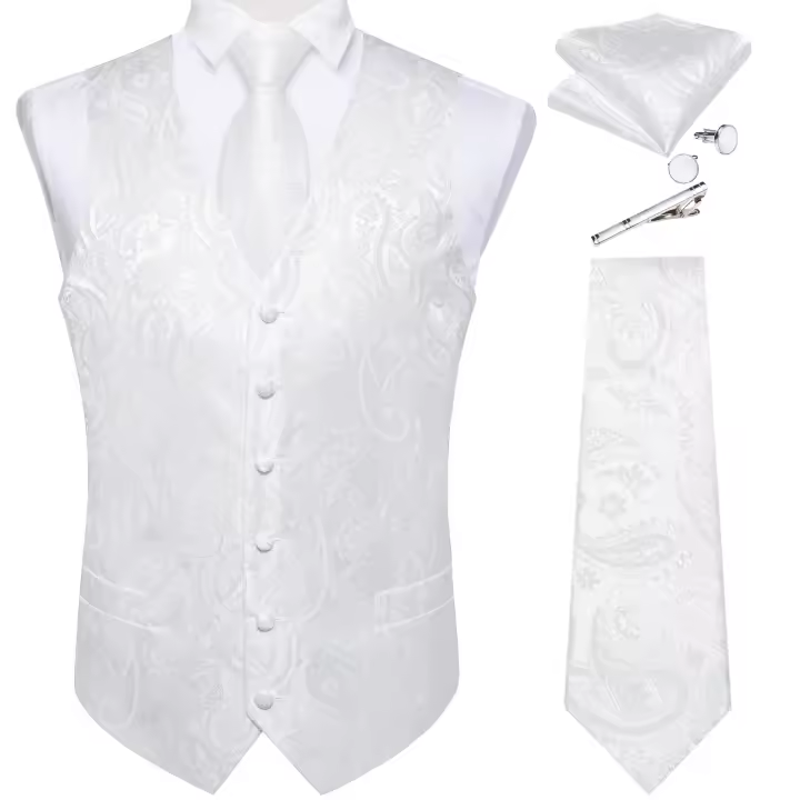 Chaleco de traje para hombre negro sólido Paisley boda graduación novio Jacquard chaleco de seda con corbata para esmoquin ropa de hombre DiBanGu - 1