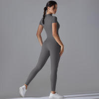 Body de yoga para mujer, ropa moldeadora deportiva de manga corta, traje de gimnasio de una pieza, nailon de color sólido - details 13