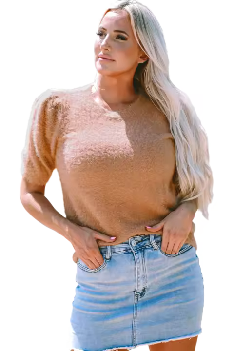 Elrachen Suéter corto de manga corta para mujer, color beige francés claro, tallas S-XL - 1