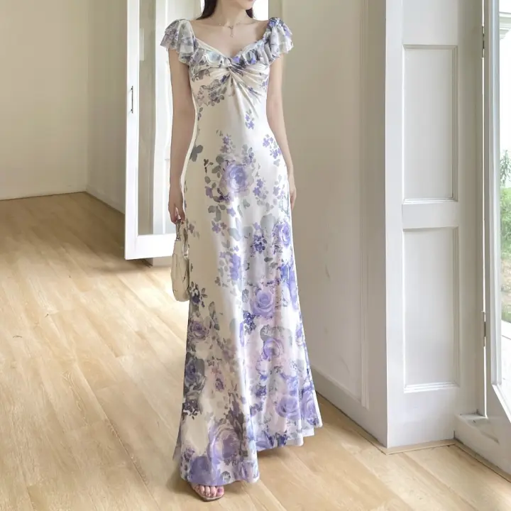 Pausa para el café Vestido floral de verano con suave viento francés, hombro de una palabra con cuello en V Un vestido de péndulo JY25242 - 1