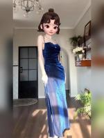 Collar con tirantes de seda brillante azul francés elegante de gran tamaño para reunión anual, falda de cola de pez ligera de lujo, vestido de noche - details 3