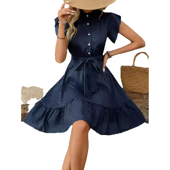 Vestido verano elegante moda punto volantes manga a-line falda Vestido medio con cordones - 1