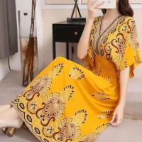 Casual bohemio estilo nacional con cuello en V cintura elástica gran Swing impreso verano Falda larga mujer vestido ropa - details 47