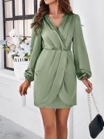 Vestido corto de manga larga con cuello en V para mujer, prenda de diseño elegante, color liso, novedad primavera 2025 - details 8