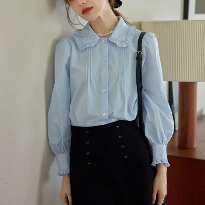 Peter Pan Collar Tops Blouses New Design Women Long Sleeve Solid Blue Single-Breasted Button Basic Shirts - 1