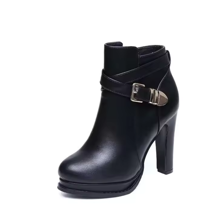 Botas cortas con cremallera para mujer, tacones finos, hebilla con cabeza redonda en el tobillo, estilo femenino elegante - 1