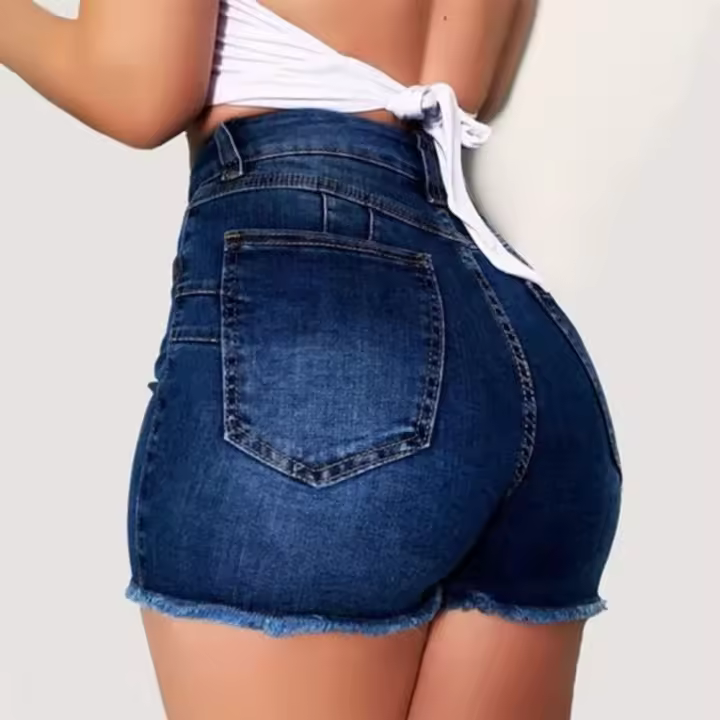 Pantalones cortos de mezclilla con flecos rasgados y corte ajustado elástico para mujer - 1