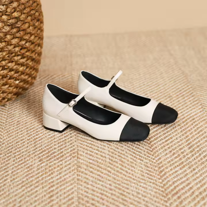 Zapatos de tacón grueso con boca baja y punta cuadrada Xiaoxiangfeng - 1