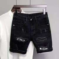 Pantalones cortos rasgados de verano para hombre, rectos con botones y bolsillos con cremallera, pantalones cortos vaqueros hasta la rodilla - details 1