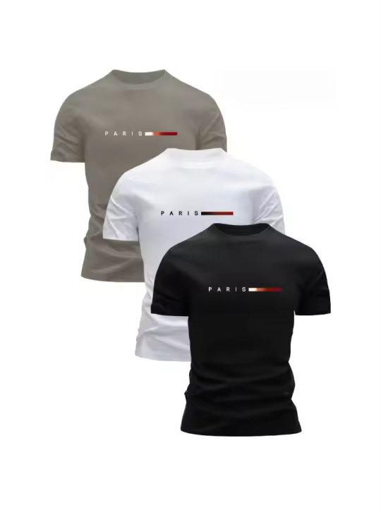 Conjunto de 3 Camisetas de Algodón 100% para Hombres Cuello Redondo, Mangas Cortas, Diseño de Impresión, Ropa Casual Transpirable para Salidas, Moda Callejera - 1