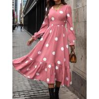 Moda femenina 2024 Primavera Vestido acampanado de manga larga con cuello en V y estampado de lunares - details 13