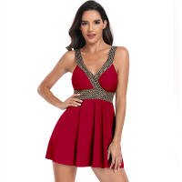 Traje de baño de dos piezas para mujer, bañador de color liso con pantalones de seguridad y falda, talla grande, 2024 - details 12