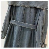 Abrigo de mezclilla largo para mujeres, trench de otoño e invierno, de manga larga, con cuello tipo chal, doble botonadura, con - details 10