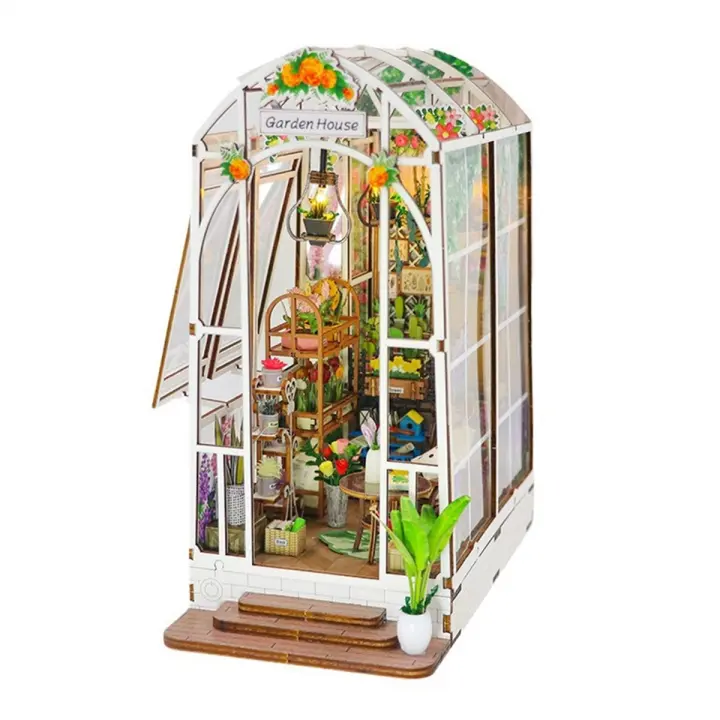 Kit de libros en miniatura, Casa con luz LED, decoración de inserción de estantería, manualidades de sujetalibros de madera, Kit de Hobby - 1