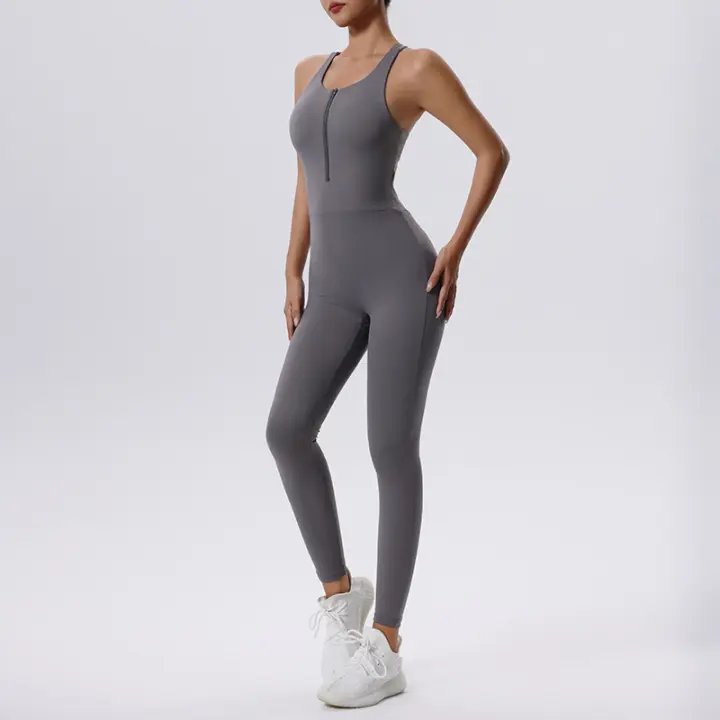 Mono de Yoga con cremallera para mujer, chaleco sin mangas y pantalones ajustados para Fitness y entrenamiento - 1