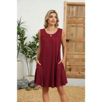 Vestido de verano 2025 de color sólido con cuello redondo, hueco, plisado, sin mangas y con bolsillo. - details 3