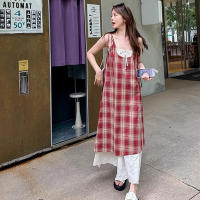 Vestido largo holgado Retro de verano para mujer, vestido con tirantes de dos piezas falso a cuadros para mujer - details 9