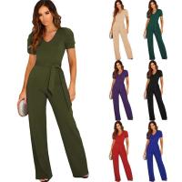 Novedad de verano, mono envuelto en la cintura con tirantes, pantalones largos de pierna ancha de manga corta con cuello en V de Color sólido para mujer - details 1