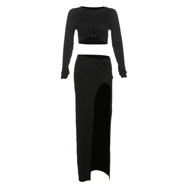 BUNO-Conjunto de 2 piezas de tendencia de otoño para mujer, Tops cortos de manga larga fruncidos con hebilla de Metal elegante + faldas con abertura alta, trajes ajustados a juego - 1
