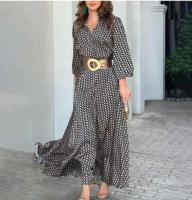 Primavera otoño nuevo vestido blanco y negro estampado Vintage elegante cuello en V moda ocio reunión mujeres vestidos largos delgados MsChuh - details 1