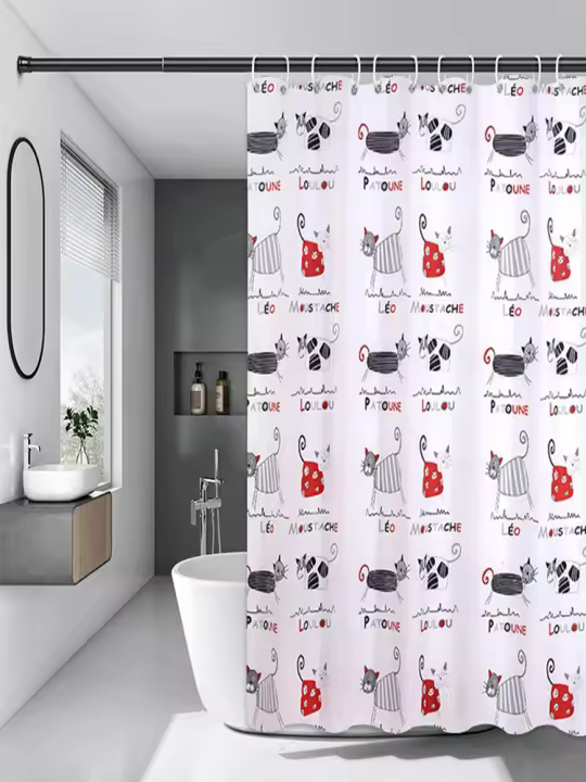 Cortina de ducha gruesa de dibujos animados para baño, puerta de separación seca y húmeda, PEVA, Gato antimoho - 1