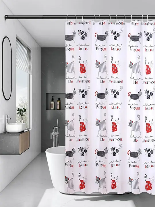 Cortina de ducha gruesa de dibujos animados para baño, puerta de separación seca y húmeda, PEVA, Gato antimoho - 1