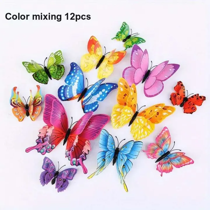 12 Uds 3D mariposas de doble capa decoración para sala de estar boda niños DIY arte de pared pegatinas magnéticas - 1