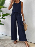 Chaleco informal de dos piezas con encaje calado de Color sólido para primavera y verano para mujer, pantalones largos de pierna ancha - details 19