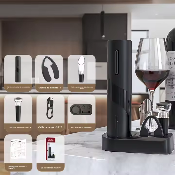 Sacacorchos Eléctrico USB 6 en 1 Abridor de Botellas de Vino, Abrebotellas Inalámbrico - Kit Profesional con Decantador, Vacío Hermético, Cortahojas y Base de Carga, Ideal para Regalos y Catas de Vino - 1